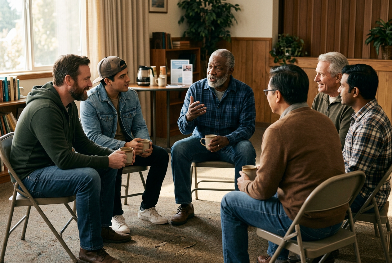 A circle of men talking in a peer support group